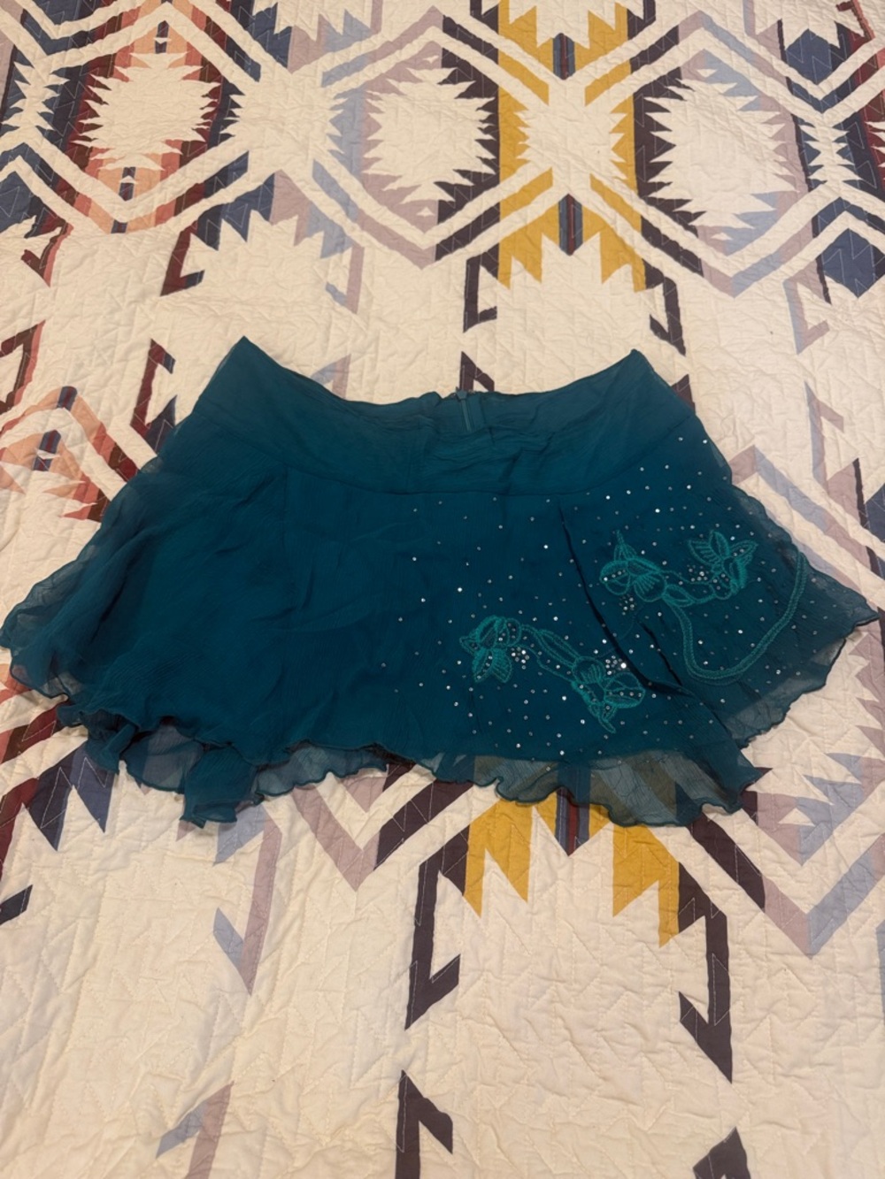 Teal Tiered Chiffon Mini Skirt with Embroidered Detail